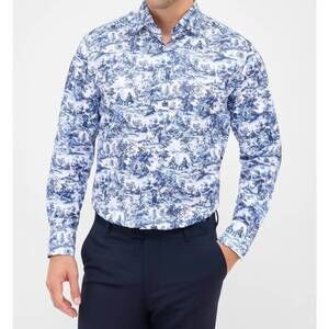 NEW ETERNA printed twill toile shirt in blue grey